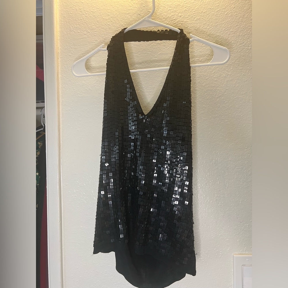 Super cute love potion sequined black halter top.